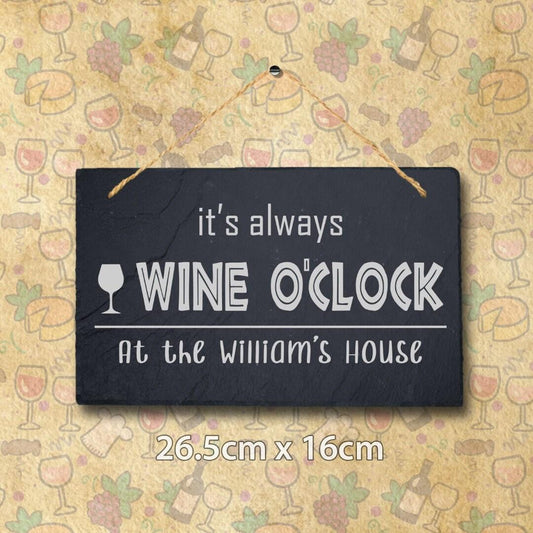 Wine Oclock Personalised Hanging Slate Sign Bar Decor Engraved Gift Custom