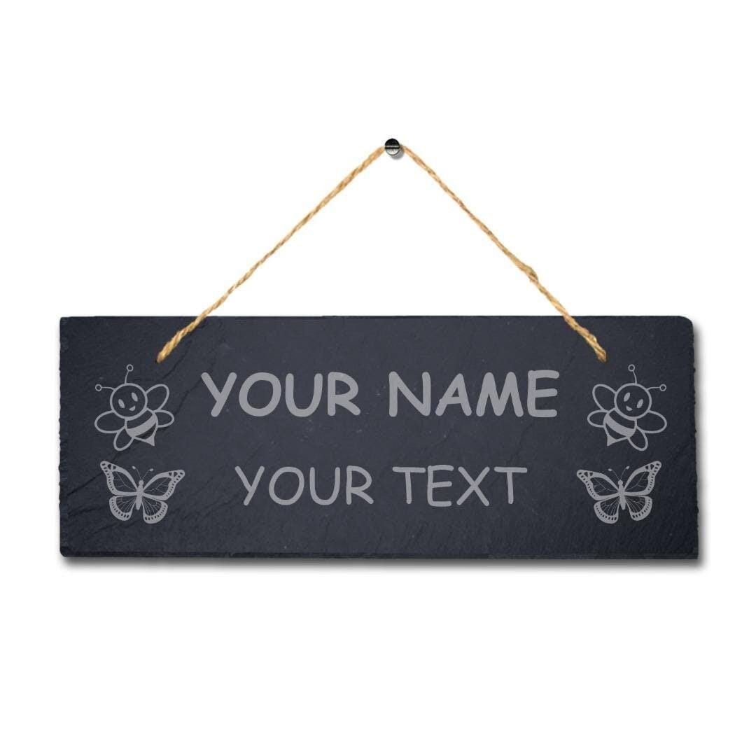 Personalised Name Text Laser Engraved Hanging Slate Butterfly Garden Plaque Sign