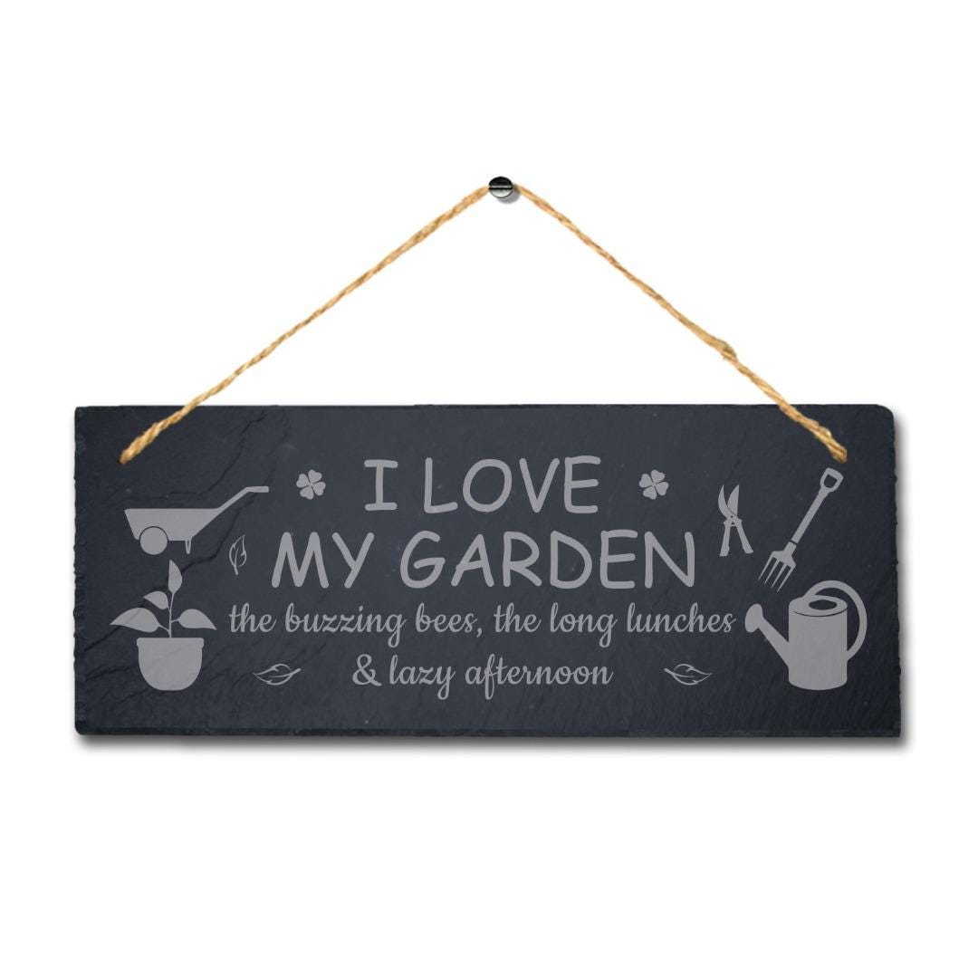 I Love My Garden The Buzzing Bees Engraved Hanging Slate Garden Plaque Sign