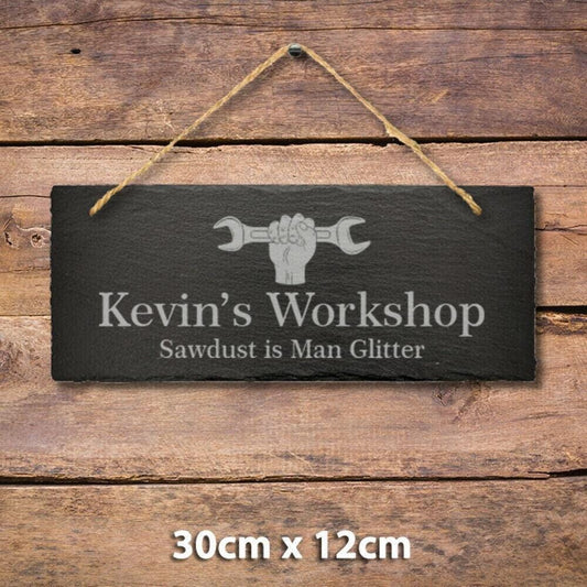 Large Personalised Name Hanging Slate Sign Engraved Plaque Workshop Shed Garage
