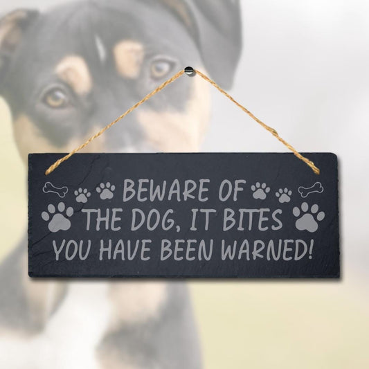 Beware Of Dog Bites Hanging Slate Kennels Pup Puppy Funny Gift Home Wall Sign