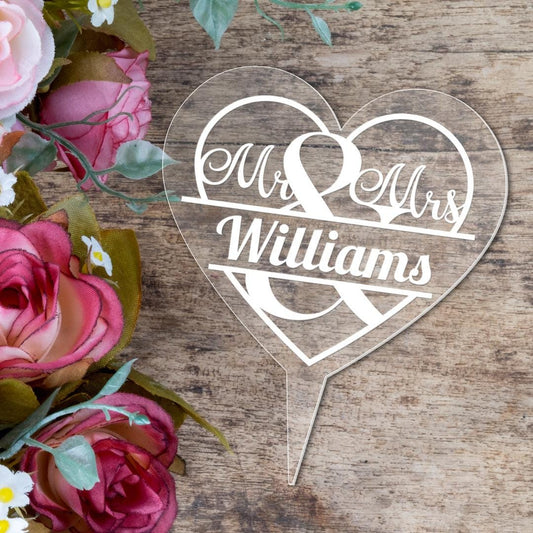 Personalised Mr & Mrs Wedding Cake Topper Engraved Heart Acrylic Decoration Gift