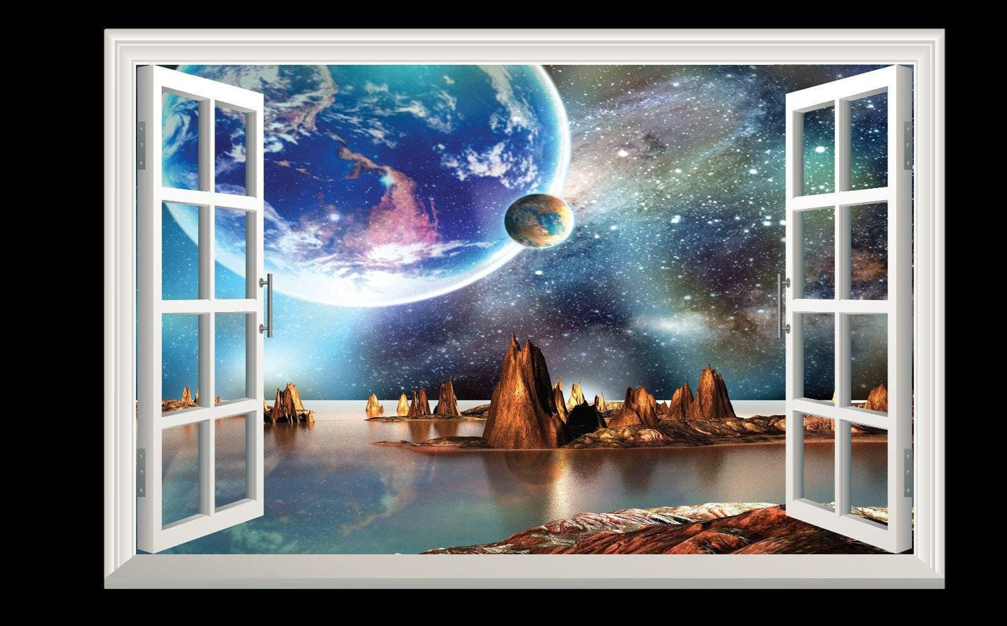 3D Alien Planet Window View Wall Decal - Fantasy Landscape Mural