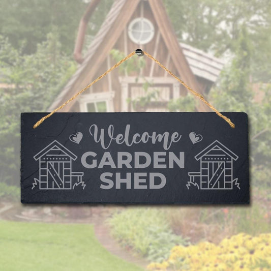 Laser Engraved Welcome Garden Shed Slate Sign with Jute Rope