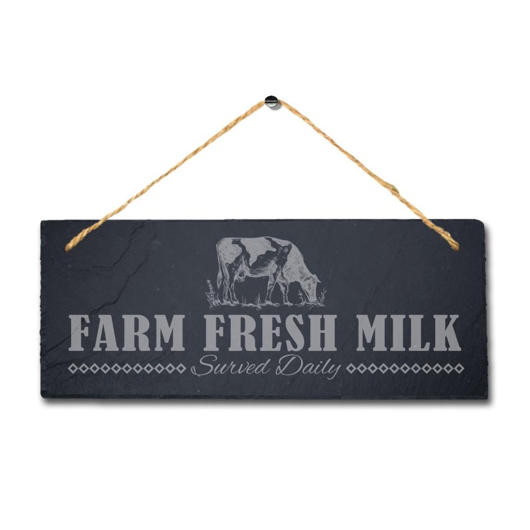Farm Fresh Milk Laser Engraved Hanging Slate Farmhouse Allotment Plaque Sign