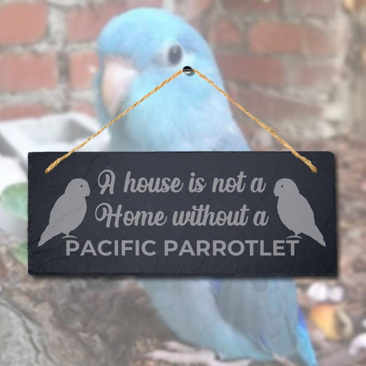 House Not Home Without Pacific Parrotlet Laser Engraved Hanging Slate Bird Sign