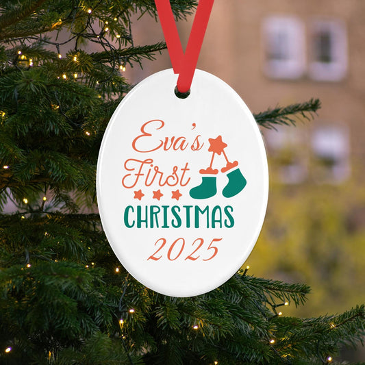 Personalised Babys First Christmas Oval Ceramic Bauble Tree Hanging Decoration Keepsake