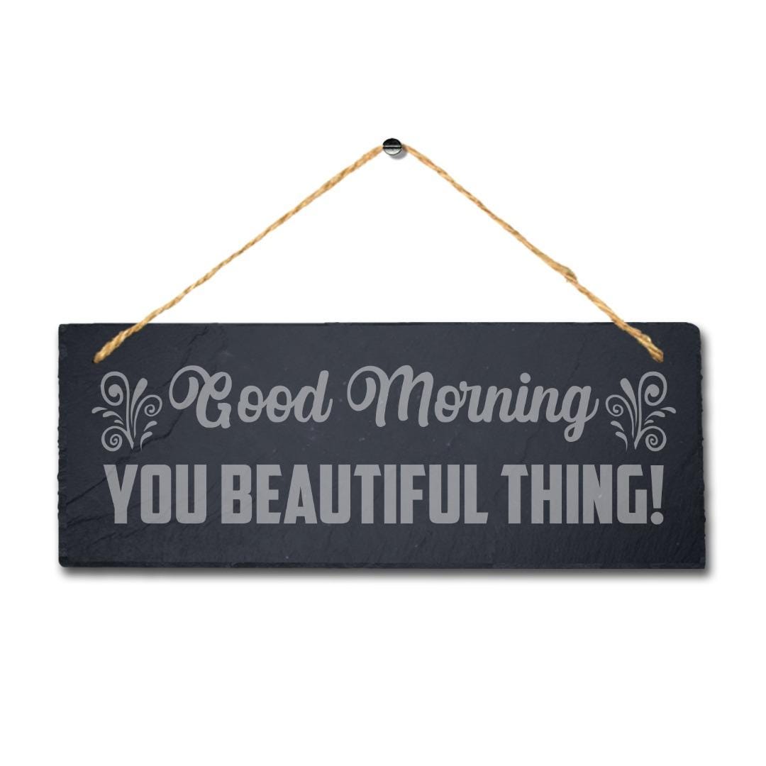 Good Morning Slate Sign: Engraved Wall Art with Jute Rope