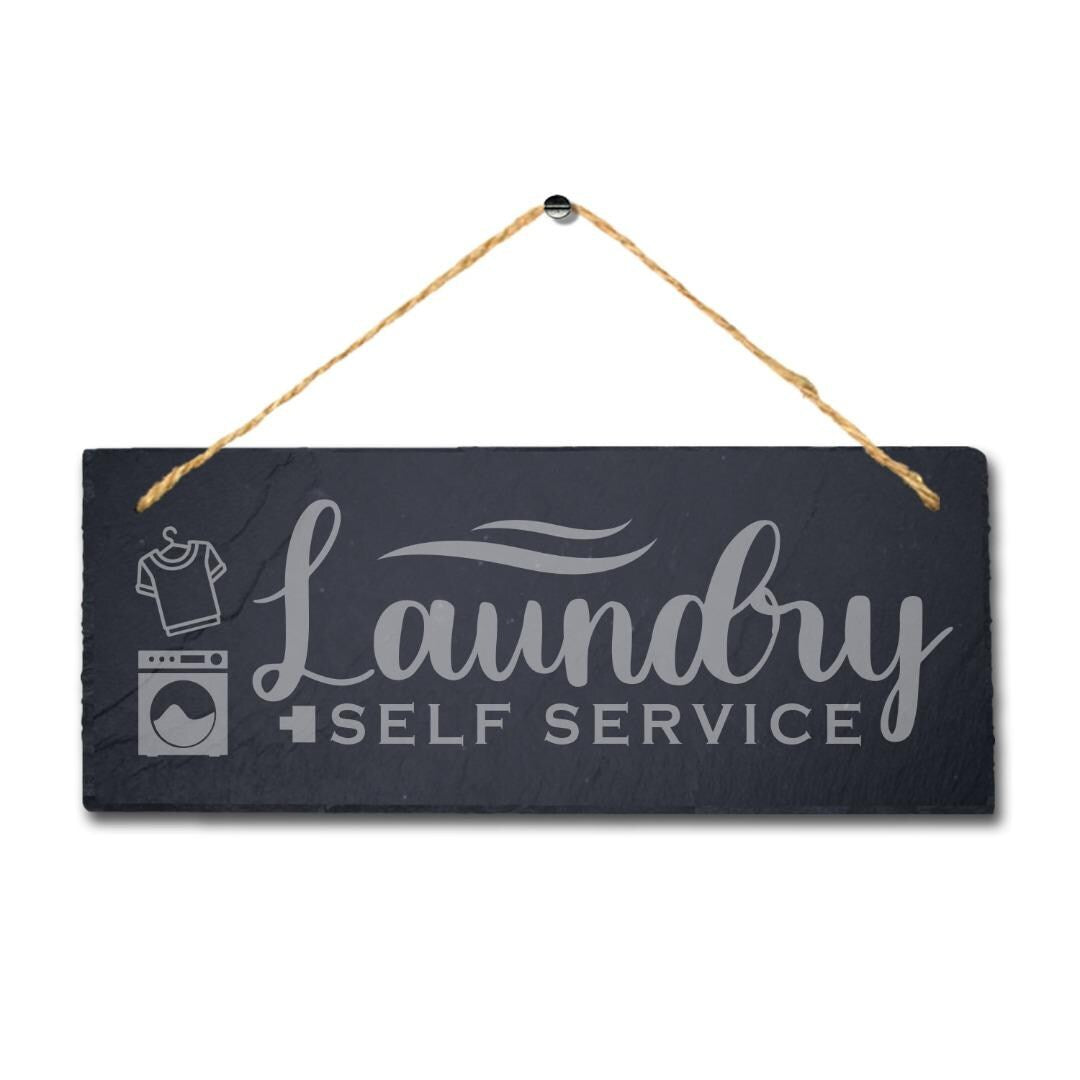 Laundry Self Service Laser Engraved Hanging Slate Washing Hub Home Plaque Sign