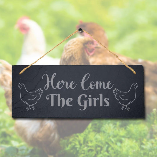 Here Come The Girls Laser Engraved Hanging Slate Chick Chicken Shed Plaque Sign