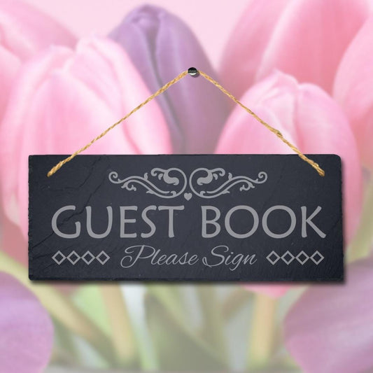 Guest Book Engraved Hanging Rustic Slate Wedding Album Christening Plaque Sign
