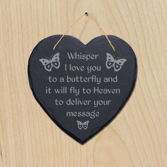 Whisper I Love You To Butterfly Engraved Hanging Memorial Heart Shape Slate Sign