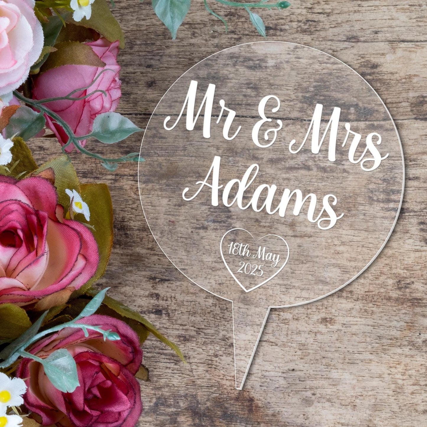 Personalised Mr & Mrs Wedding Cake Topper Engraved Acrylic Circle Decoration