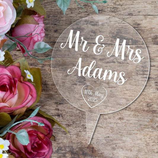 Personalised Mr & Mrs Wedding Cake Topper Engraved Acrylic Circle Decoration