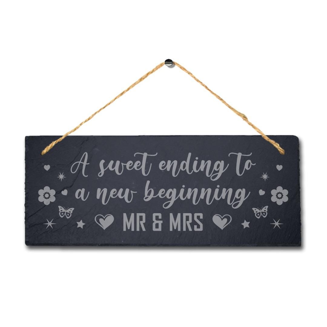 Laser Engraved Slate Wedding Plaque: Sweet Ending New Beginning