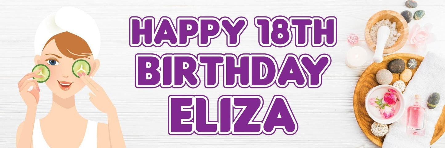 Personalised Spa Birthday Banner: Blue, Pink, Purple Party Decor (Set of 2)