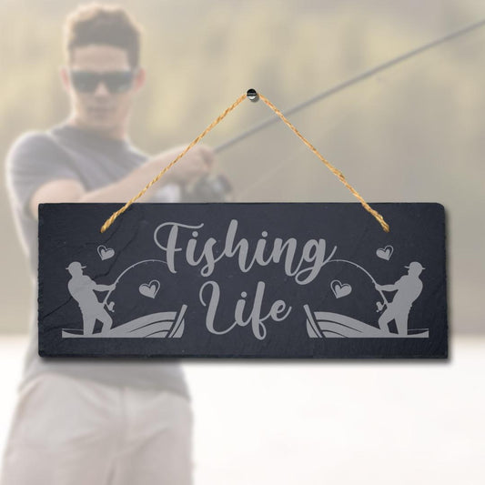 Fishing Life Sea Laser Engraved Hanging Slate Fishing Fish Reel Ocean Plaque Sign