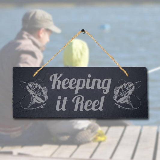Keeping It Reel Laser Engraved Hanging Slate Sea Fishing Ocean Fish Plaque Sign