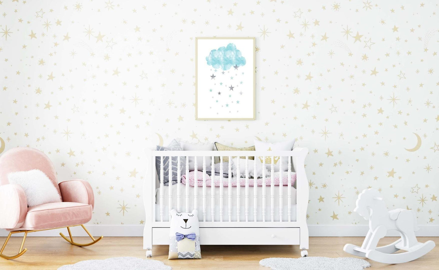 Raining Stars Cloud Kids Boho Watercolour Hand Painted Effect Nursery Art Poster