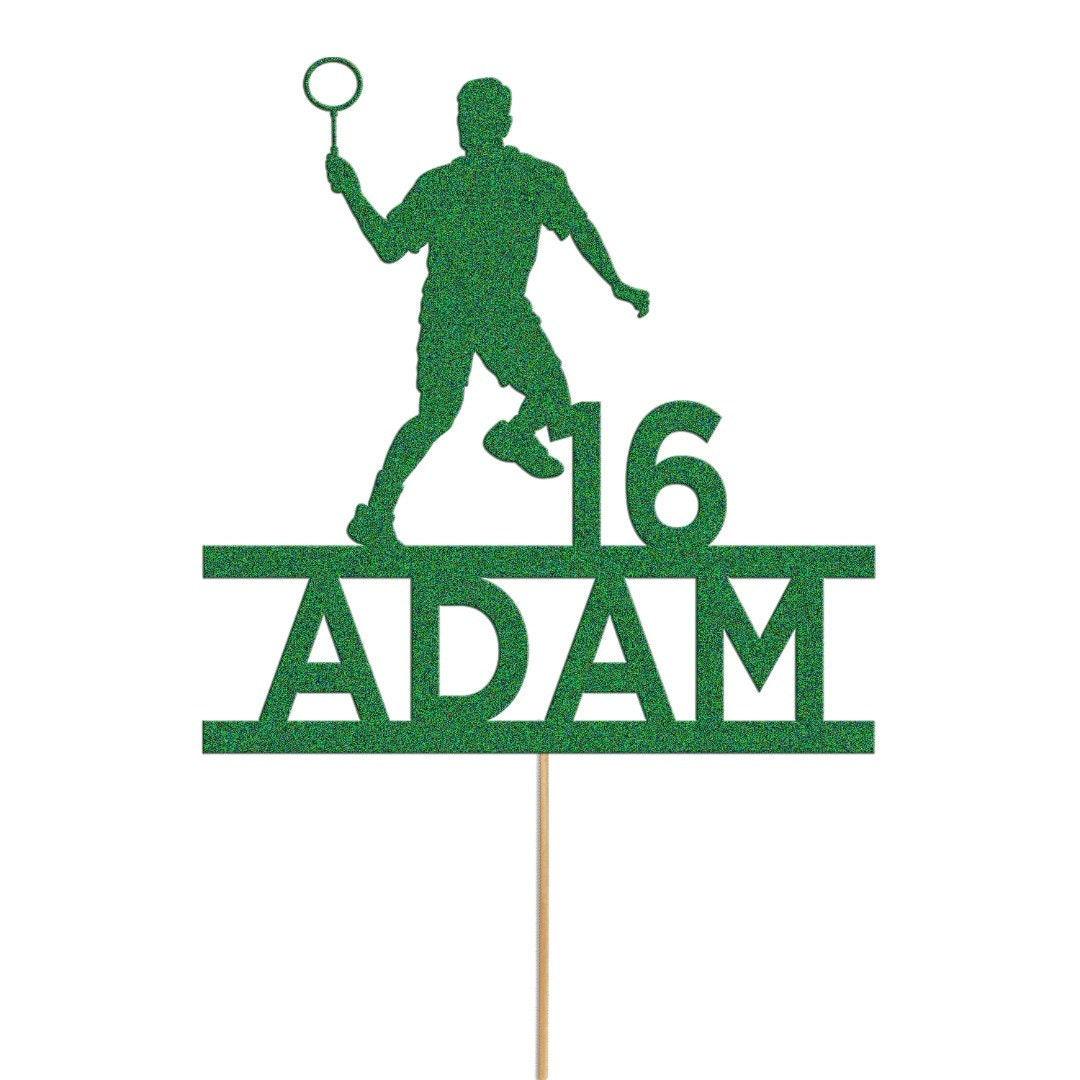 Personalised Badminton Player Glitter Cake Topper: Any Name & Age