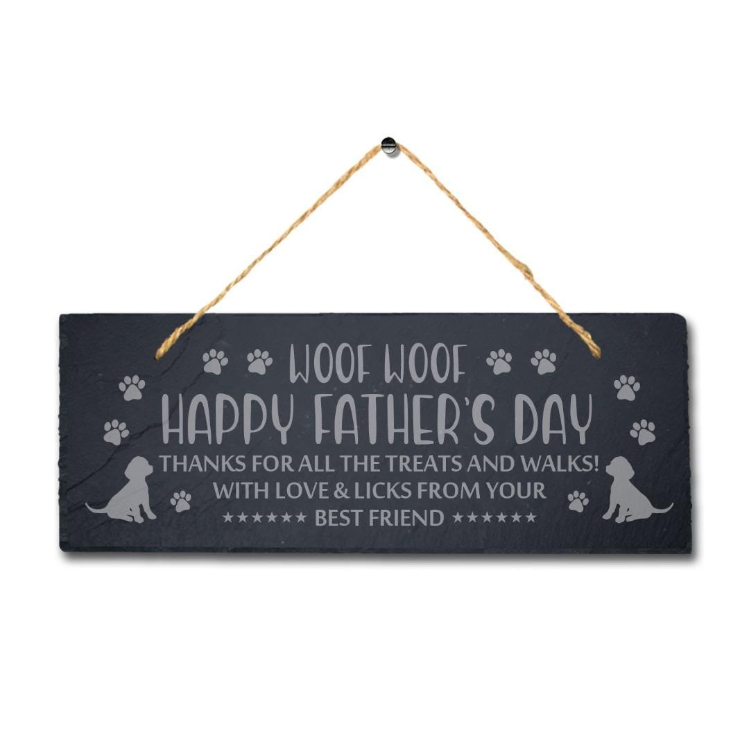 Happy Fathers Day Laser Engraved Hanging Natural Slate Dog Puppy Plaque Sign