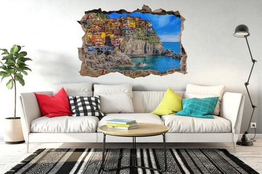 Manarola Italy Window View Wall Decal: 3D City Skyline Vinyl Poster