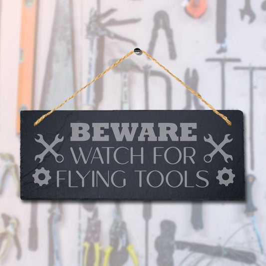 Beware Watch For Flying Laser Engraved Hanging Slate Caution Home Plaque Sign