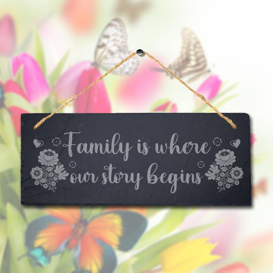 Family Where Our Story Begin Laser Engraved Hanging Slate Home Decor Plaque Sign