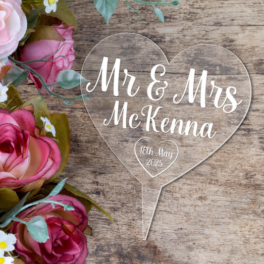 Personalised Mr & Mrs Wedding Cake Topper Engraved Acrylic Heart Decoration Gift