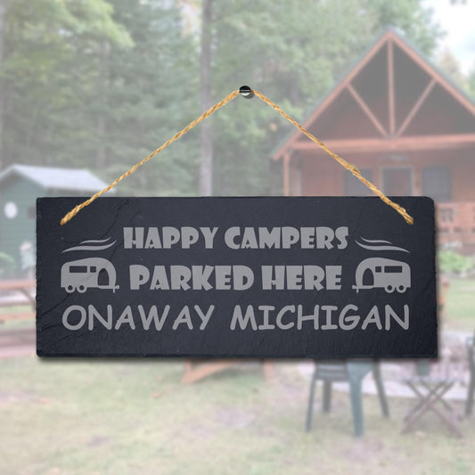 Happy Campers Parked Caravan Laser Engraved Hanging Slate Camping Plaque Sign