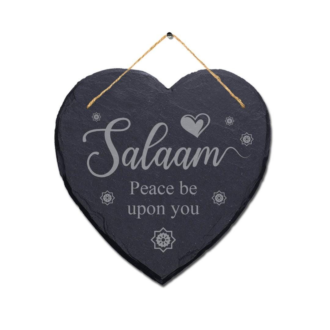 Salam Peace Be Upon You Engraved Islamic Wall Hanging Slate Heart Plaque Sign