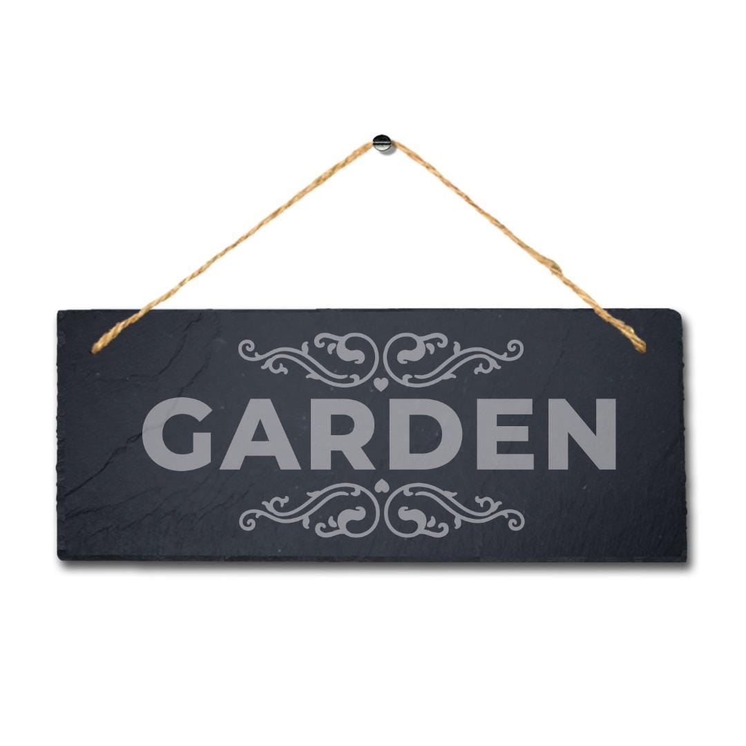 Garden With Swirl Pattern Laser Engraved Hanging Slate Garden Decor Plaque Sign