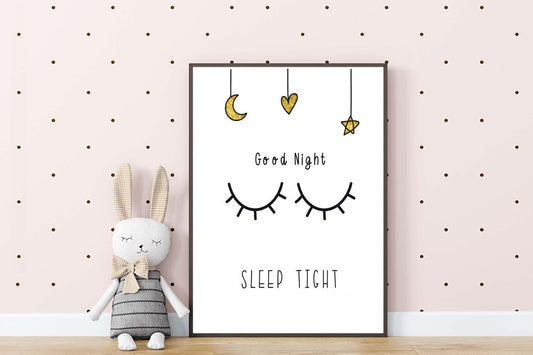 Good Night Eye Lashes Kids Boho Hand Painted Effect Nursery Wall Print Poster