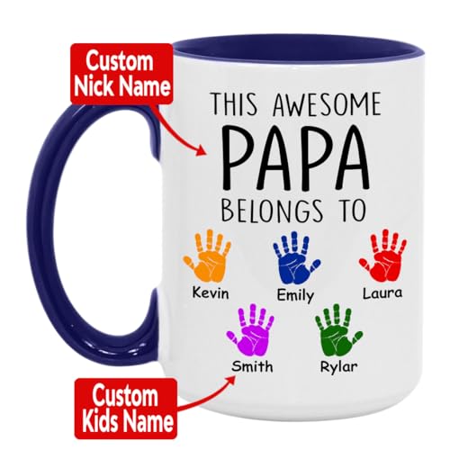 Personalized Father's Day This Awesome Papa Belongs To Kids Name | Ceramic Coffee Mug | Father's Day Gift | Stylish Printed Design | Tea & Coffee Cup | 11oz | Blue Two-Tone Design