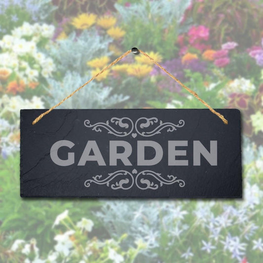 Garden With Swirl Pattern Laser Engraved Hanging Slate Garden Decor Plaque Sign