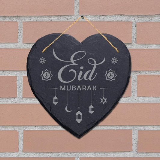 Eid Mubarak Engraved Wall Hanging Celebration Islamic Heart Home Slate Plaque Sign