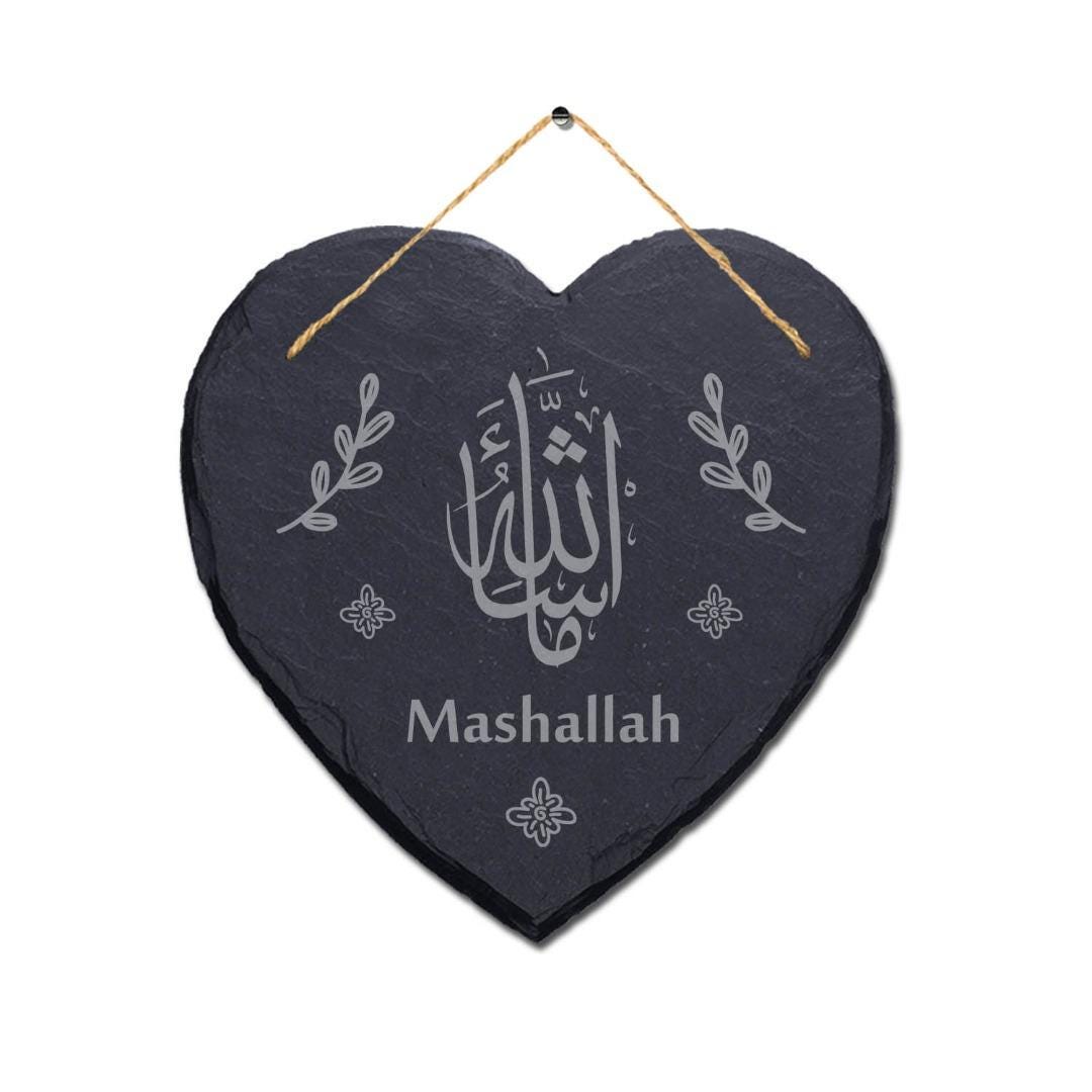 Mashallah Laser Engraved Islamic Wall Hanging Slate Heart Shape Plaque Sign