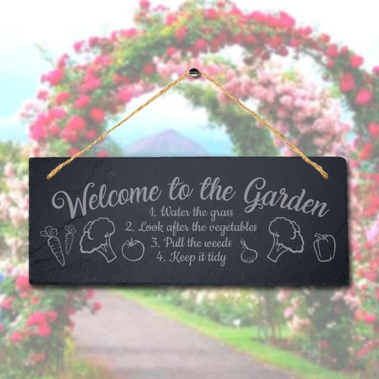 Welcome To Garden Water Grass Engraved Hanging Slate Flower Garden Plaque Sign