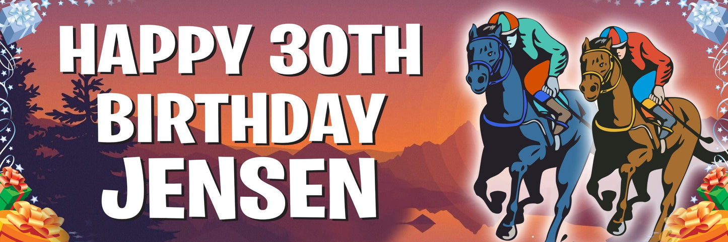 2x Personalised Horse Racing Birthday Banner: Custom Name & Age