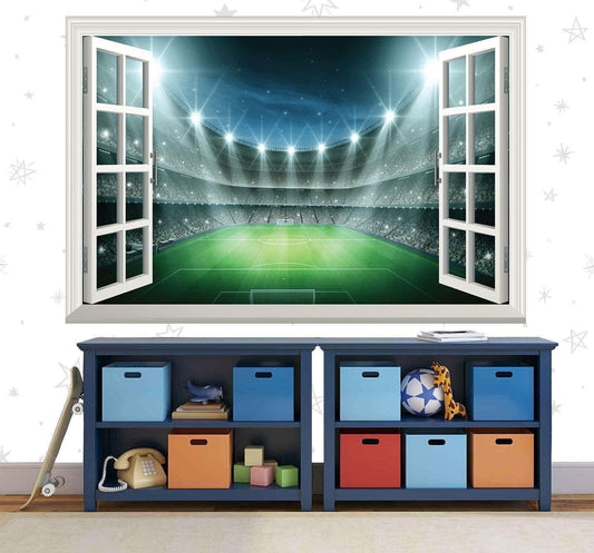 Football Stadium 3D Window View Wall Decal: Sports Bedroom Mural