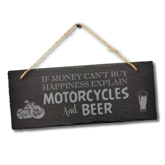 Motorbikes Beer Happiness Funny Hanging Slate Plaque Bar Garage Shed Gift Sign