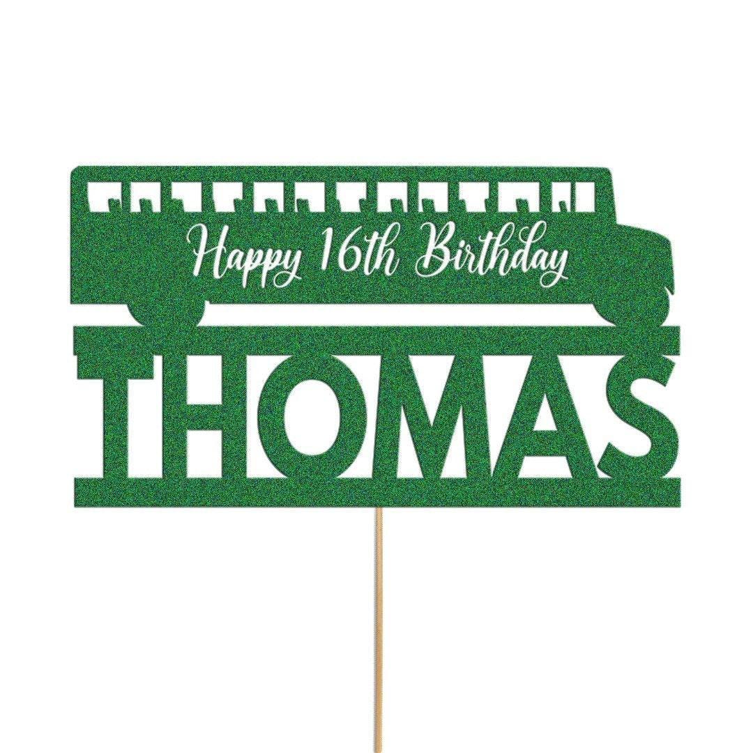 Personalised Glitter Bus Cake Topper: Custom Name & Age