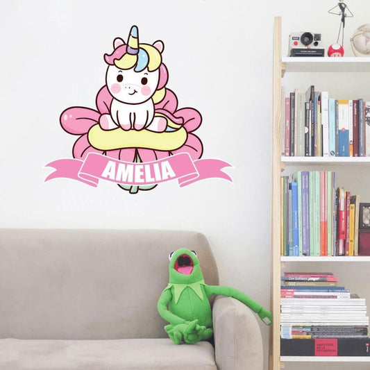 Personalised Flower Unicorn Wall Sticker Name Vinyl Decal Girls Kids Nursery Bedroom