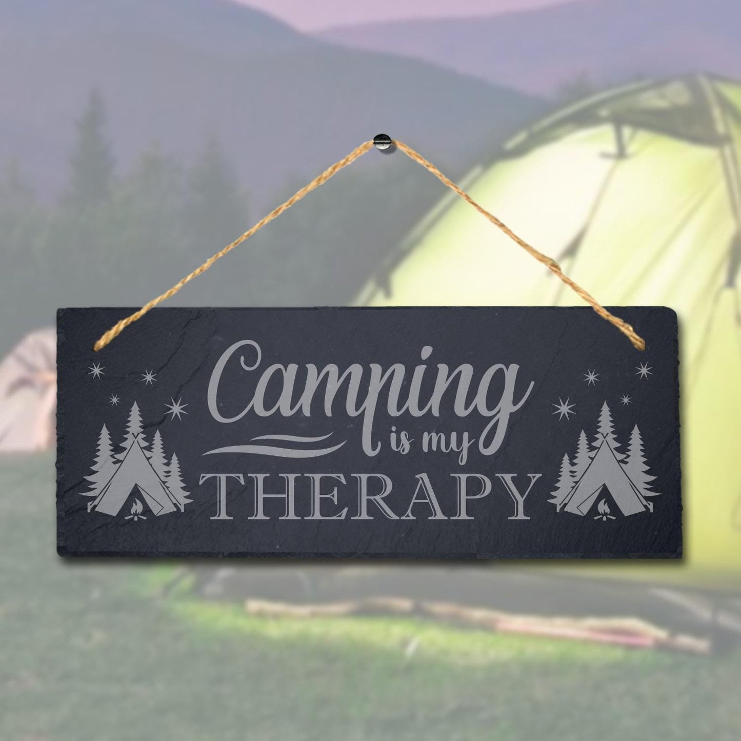 Camping Therapy Laser Engraved Hanging Slate Plaque Summer Adventurer Tour Sign