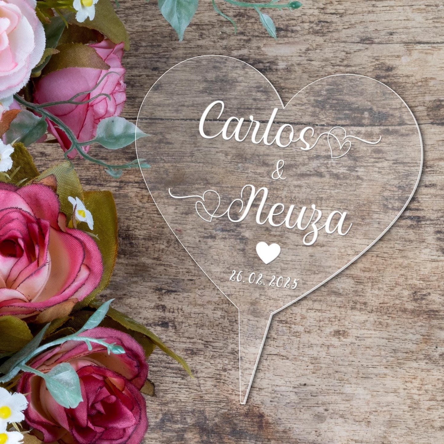Personalised Name Wedding Cake Topper Engraved Acrylic Heart Decoration Keepsake