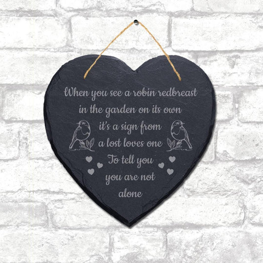 Robin Redbreast Garden Engraved Hanging Memorial Heart Shape Slate Plaque Sign