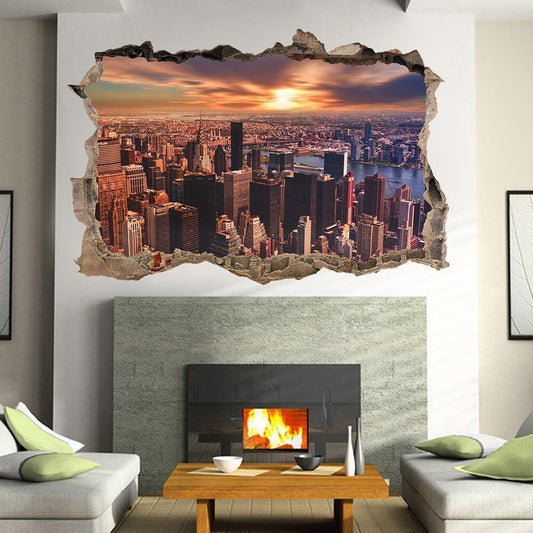 NYC Sunset View Wall Decal: Cityscape Window Effect (45x60cm)