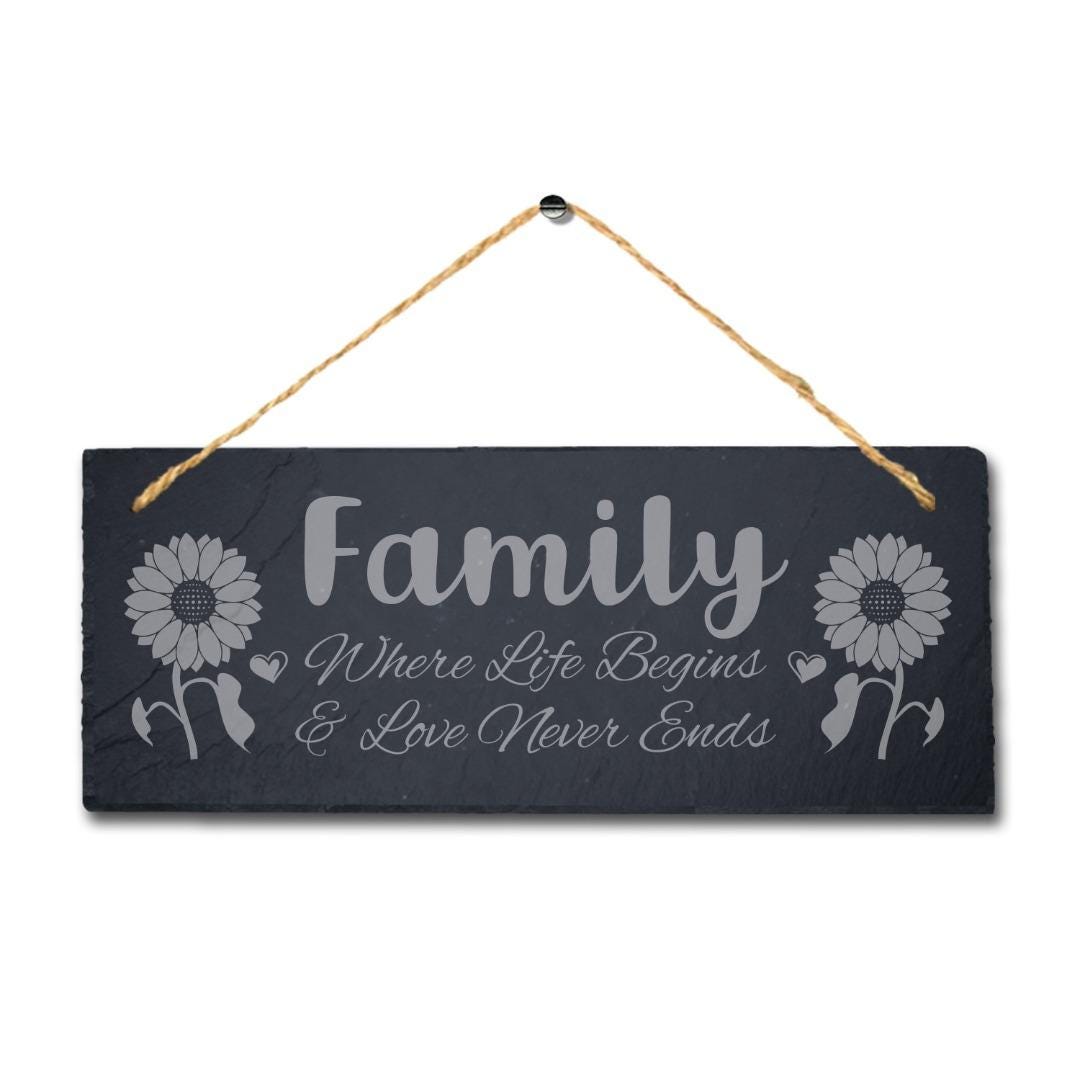Family Where Life Begins Laser Engraved Hanging Slate House Home Plaque Sign