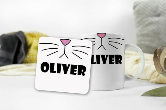 Personalised Mug And Coaster Gift Set Cat Kitty Face Birthday Christmas Tea Gift