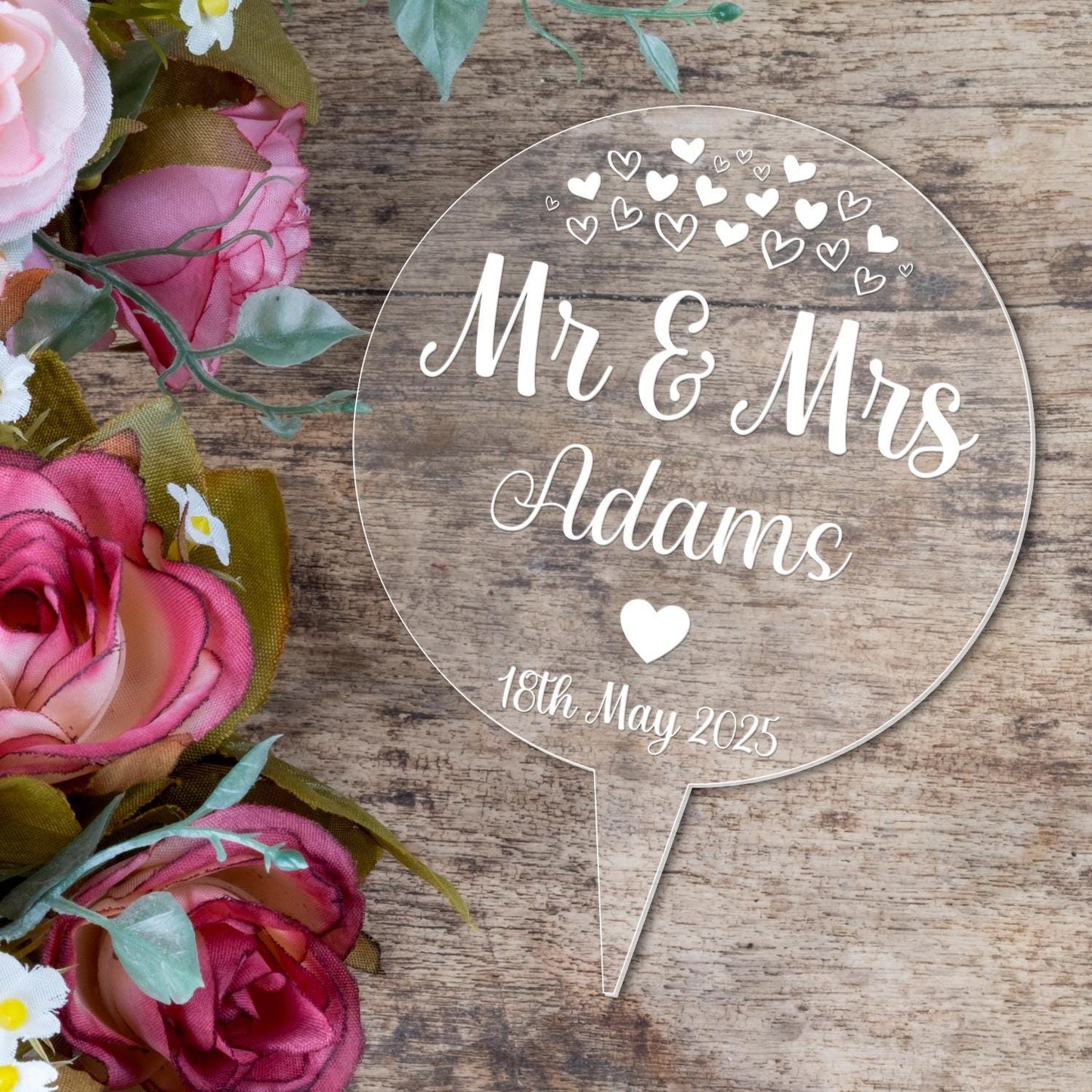 Personalised Engraved Wedding Cake Topper Mr & Mrs Acrylic Circle Decoration